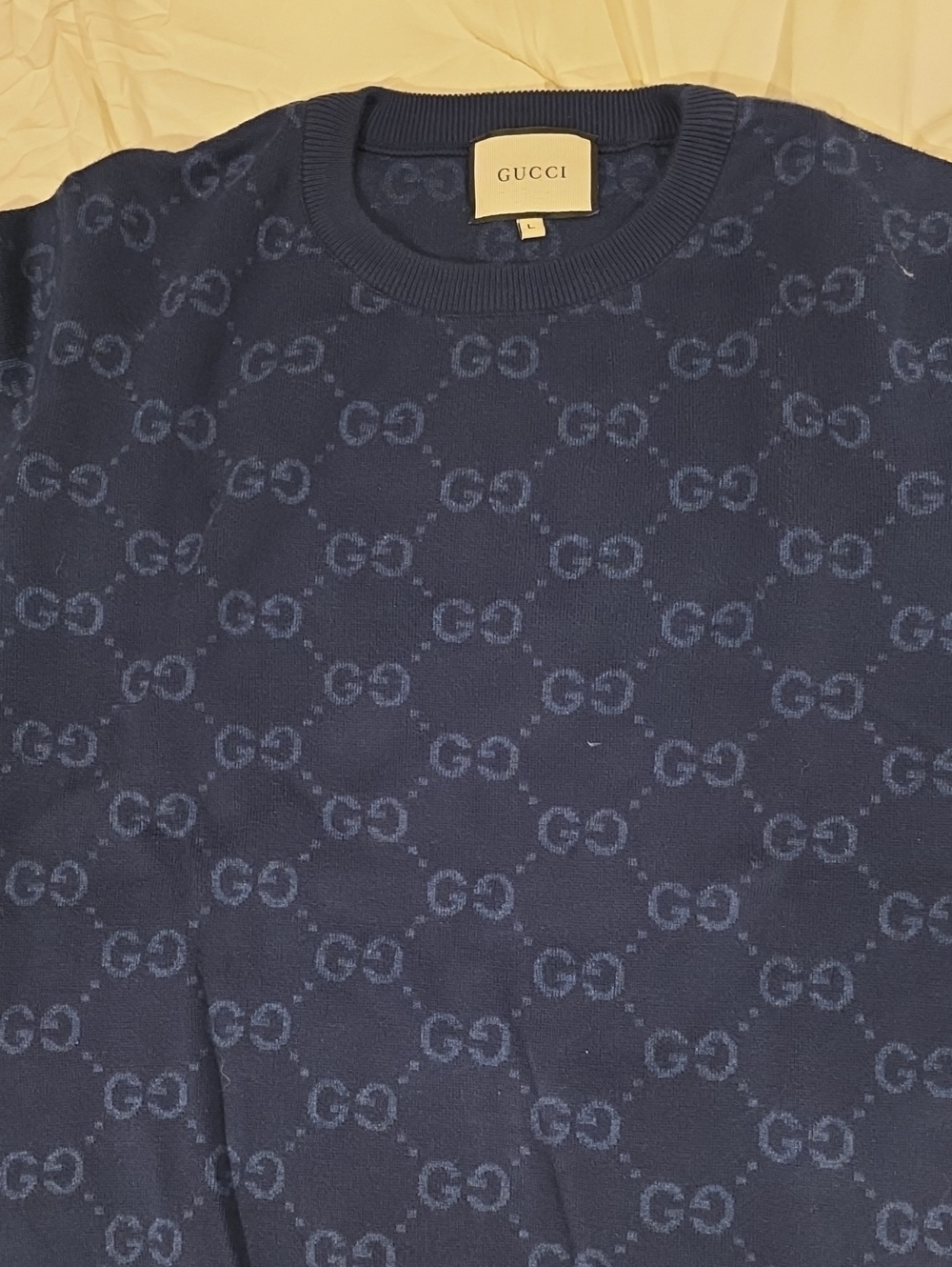 Gucci Men's Dark Blue GG Jacquard Crewneck Sweater